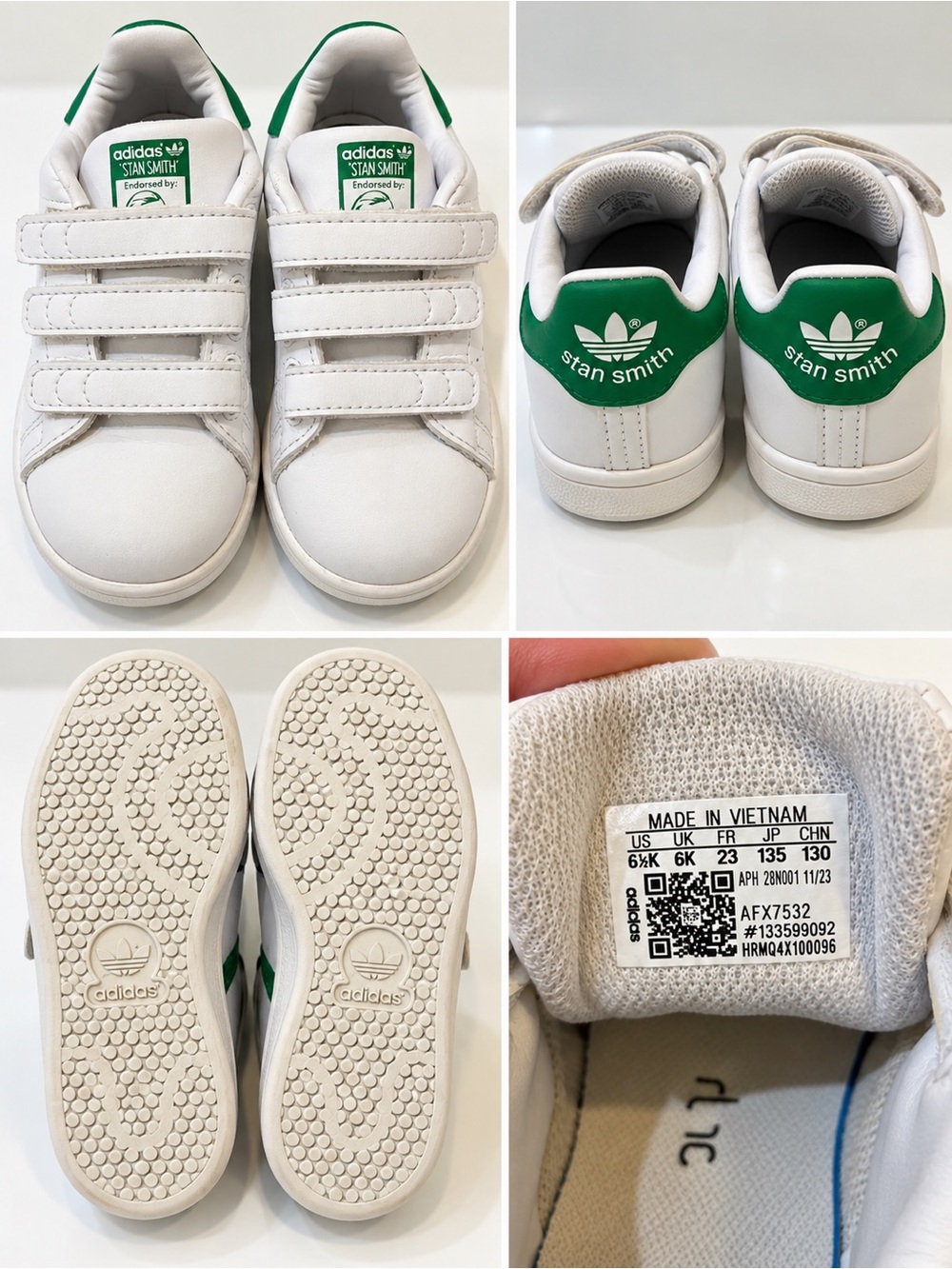 adidas Kids White Sneakers with Green Heel Tab Velcro